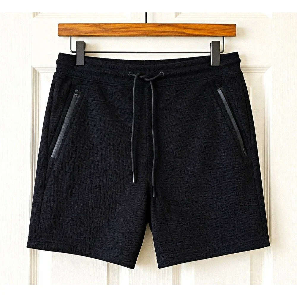 Pull&Bear Men’s Black Athletic Knit Shorts Drawstring Zipper Pockets